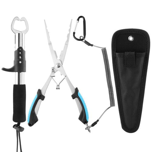 Fishing Pliers and Gripper Set, Stainless Steel Fishing Pliers & Lip Gripper Set with Telescopic Lanyard, Sheaths, Multi-Function Saltwater Resistant Tools Gifts for Men