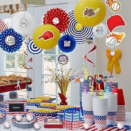 86PCS Baseball Party Favors Set Baseball Gifts Goodie Bags Including Silicone Baseball Bracelets Mini Baseball, Stickers,Pencil Caps Baseball Party Straw Suitable for Baseball Birthday Partys