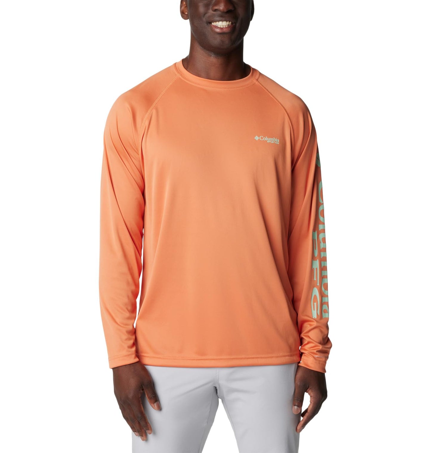 Columbia Men's Terminal Tackle Long Sleeve Fishing Shirt, Dusty Orange/New Mint Logo, 4X Tall