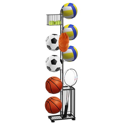 melos 7 Tier Basketball Ball Storage Rack, Freestanding Basketball Holder Garage Ball Storage Sport Organizer Rack with Basket for Volleyball Football Basketball, Indoor/Outdoor