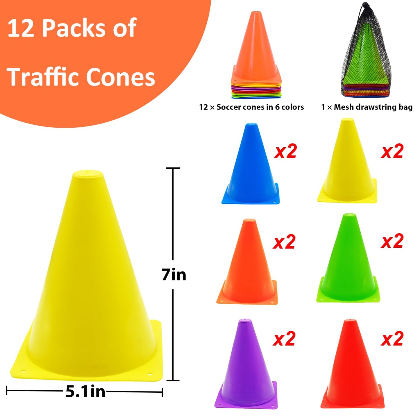 12Pcs Soccer Cones, 7" Soccer Cones for Training, Multicolor Cones Sports Soccer Training Cones, Field Cones for Skating Basketball Football Drills Practice(7",12Pcs)