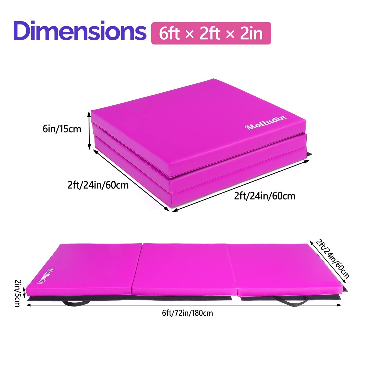 Matladin 6' Folding Tri-fold Gymnastics Gym Exercise Aerobics Mat, 6ft x 2ft x 2in PU Leather Tumbling Mats with Hook & Loop Fastener for Stretching Yoga Cheerleading Martial Arts