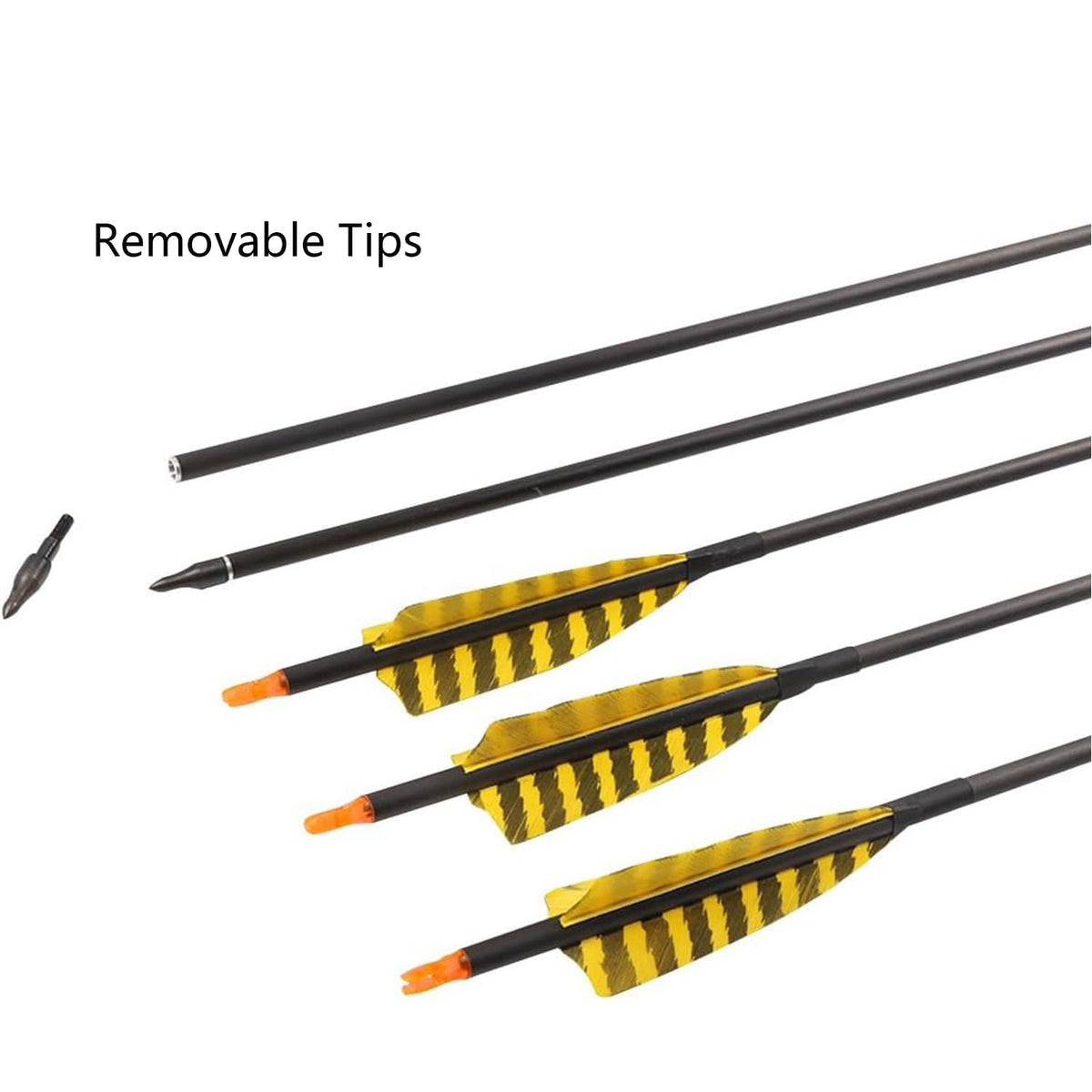 32 Inch Carbon Archery Arrows，Spine 400 with Removable Tips, 4inch Turkey Feather, Hunting and Target Practice Arrows for Compound Bow and Recurve Bow, 6 Pack (Yellow and Black)