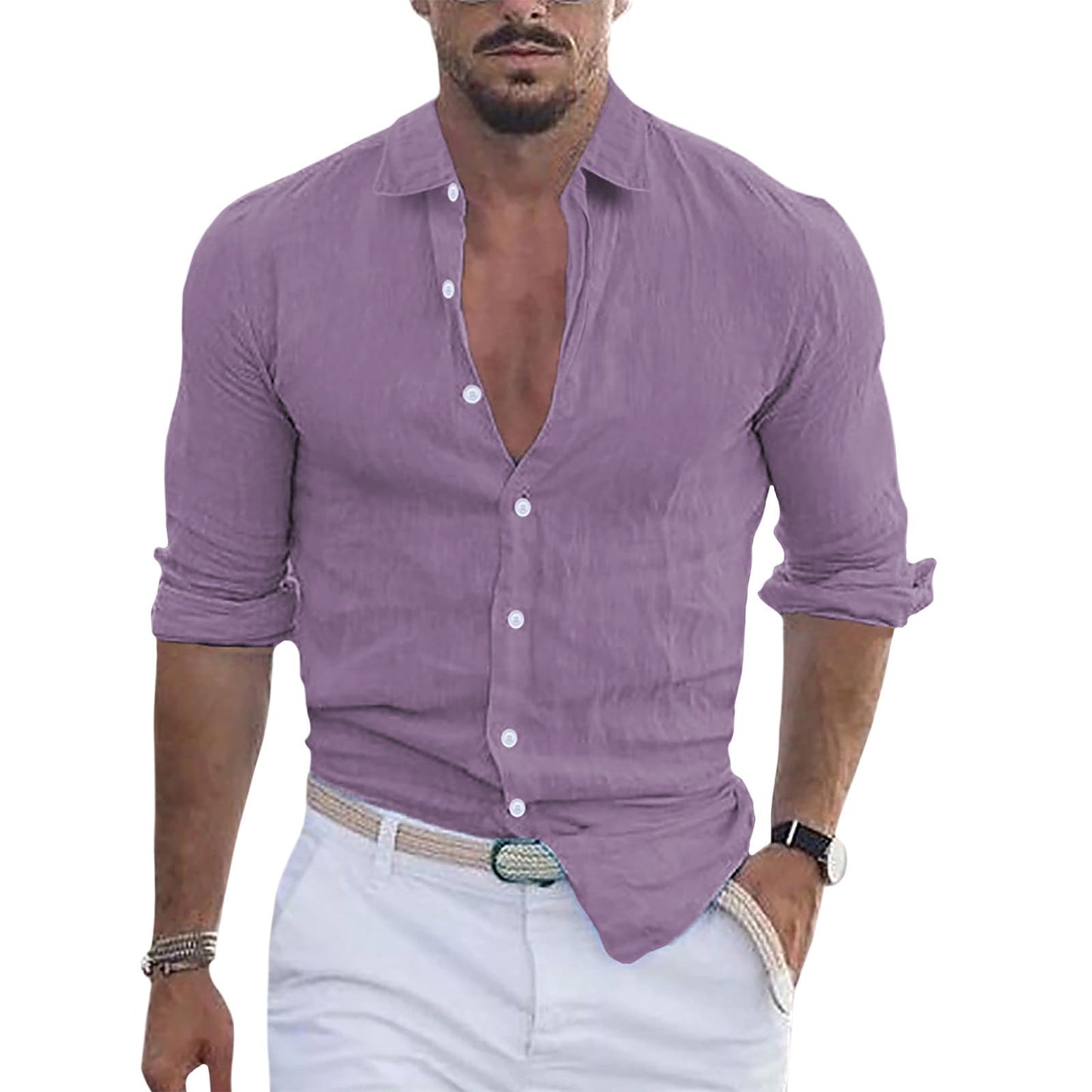 Men's Long Sleeve Cotton Shirts Button Down Shirt Casual Loose Fit Solid Color Beach Shirt Hawaiian Spring Summer Tops Purple 2XL