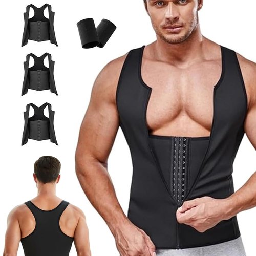 krautain Men's Zipper Waist Trainer Trimmer Vest Sweat for Men Under Clothes Compression Shirt Body Shaper Compression Undershirts(3PCS,X-Large)