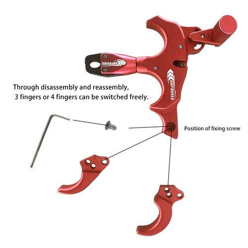 xxiaojun Composite Bow and Arrow Release, 3 or 4 Finger Hand Held Grip, Thumb Release Aluminum Alloy Assist for Compound Bow Accessory, Adjustable Sensitivity, Sports Competition. … (red)