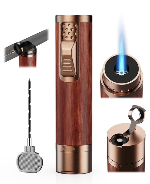 Torch Lighter, All-in-one Torch Lighter with Punch, Holder, Draw Enhancer Tool, Windproof Jet Flame Lighters, Gifts for Men Accessories, Refillable Butane Lighters for Candles, Travel (Without Gas)