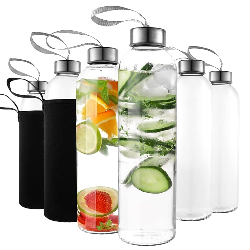 Glass Water Bottles 24oz Pack of 12 with Nylon Protective Sleeves & Airtight Screw Tops
