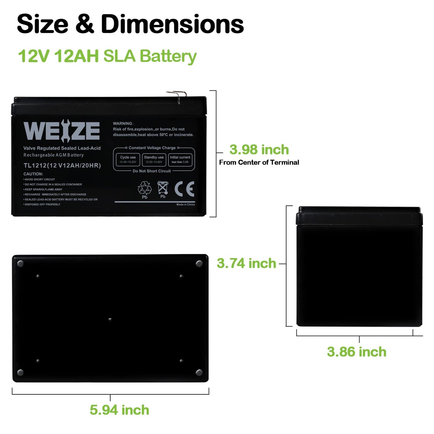 WEIZE 12 Volt 12 Ah Rechargeable Battery with F2 Terminals, Sealed Lead Acid (SLA) AGM Deep Cycle Battery Replaces BP12-12,GP12120,GS12V12AH,6-DW-12, 2 Pack