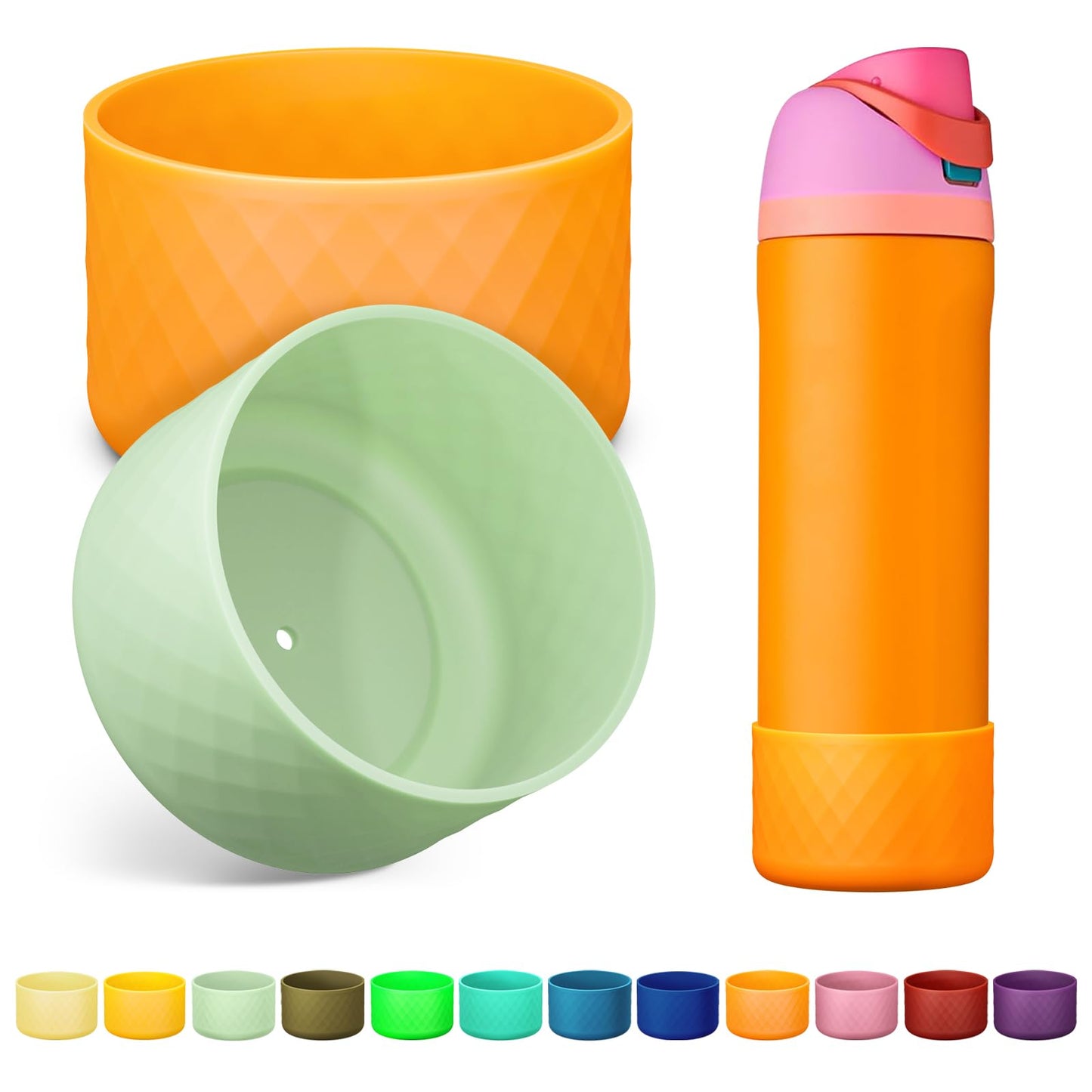 Alwenid 2PCS Silicone Water Bottle Boot for Owala 24 Oz, Anti-Slip Protective Sleeve Bottom Bumper Protector for FreeSip, Twist, and Flip Stainless Steel Water Bottles (Light Green+Orange)