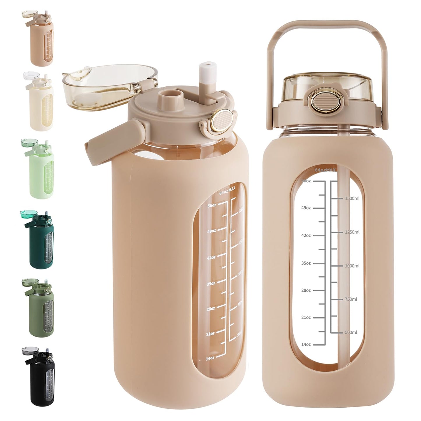 64 oz Glass Water Bottle with 2-in-1 Straw Lid Large Half Gallon Water Bottle with Time Marker & Removable Silicone Sleeve,Wide Mouth BPA-Free Borosilicate Bottle for Gym, Workout & Daily Use