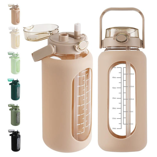 64 oz Glass Water Bottle with 2-in-1 Straw Lid Large Half Gallon Water Bottle with Time Marker & Removable Silicone Sleeve,Wide Mouth BPA-Free Borosilicate Bottle for Gym, Workout & Daily Use