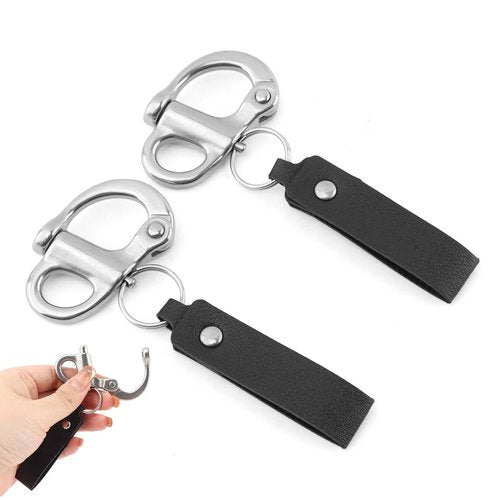 Trasylph 2PCS Quick Release Clip Shackle with Leather Handle for SCBA Mask, Marine Grade 316 Stainless Steel Snap Shackle Lanyard for Rigging, Firefighter Accessories(Color:Black)