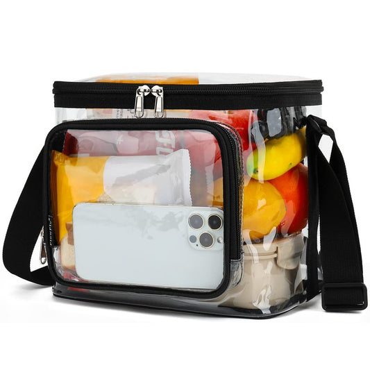 FlowFly Insulated Reusable Lunch Bag Adult Large Lunch Box for Women and Men with Adjustable Shoulder Strap,Front Zipper Pocket and Dual Large Mesh Side Pockets, Clear