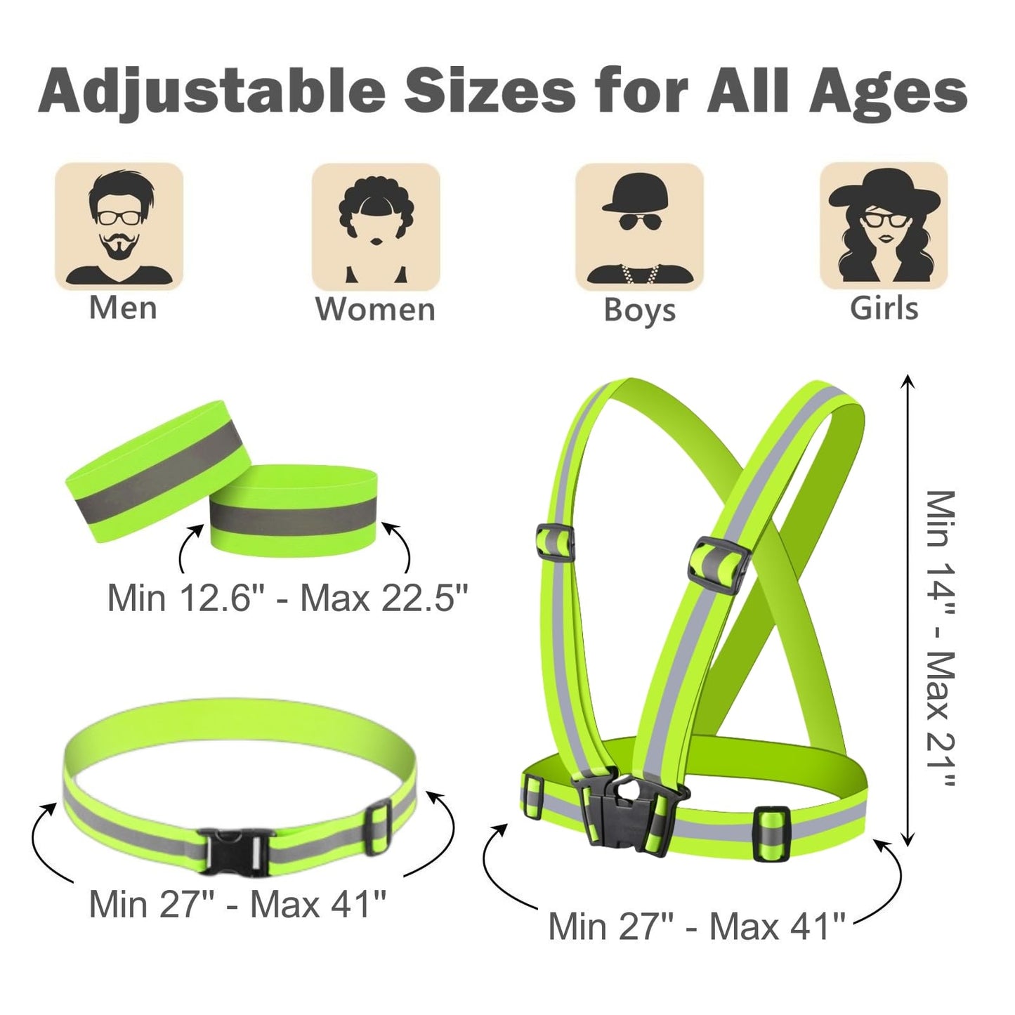 RUISHYY Reflective Running Gear Reflective Vest & Reflective Armband & Reflective Belt 3 Pcs Set, High Visibility Reflective Gear Night Cycling Walking Safety Vest Straps for Men Women Kids (Green)