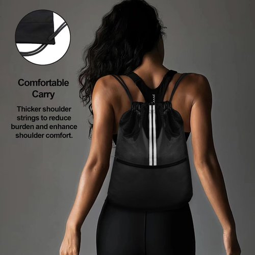 JOYNYON Drawstring Backpack Sports Gym Bag Draw String Back Bag for Men Women - Lightweight Waterproof Durable Sackpack with Zipper Pocket (Black)