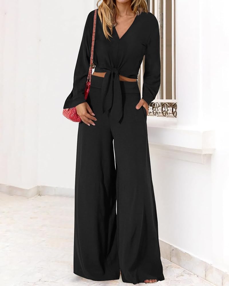 PrettyGarden Women 2-Piece Outfits - V-Neck Crop Top & Wide Leg Pants (Black, Large)