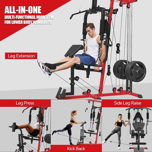 FAGUS H Home Gym Workout Station, All in One Home Gym System with Leg Extension, Leg Press and Full Body Exercise Accessories, Multi-Function Adjustable Plate Loaded Strength Training Machine, Red