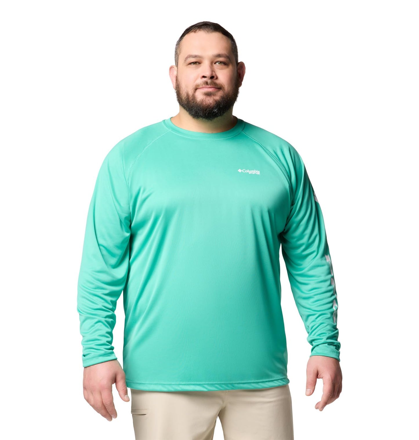 Columbia Men's PFG Terminal Tackle Long Sleeve Fishing Shirt, Glaze Green/White Logo, X-Small