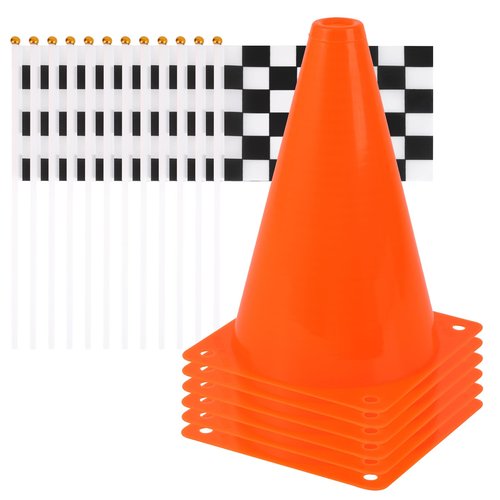 Mini Traffic Cones（With Hole on Top）with Racing Checkered Flags, Sports Safety Cones for Soccer Cones and Basketball Practice Equipment - Mini Orange Cones for Soccer Practice and Small Driving Practice Cones.Race Car Birthday Party Supplies, Kids Gift.