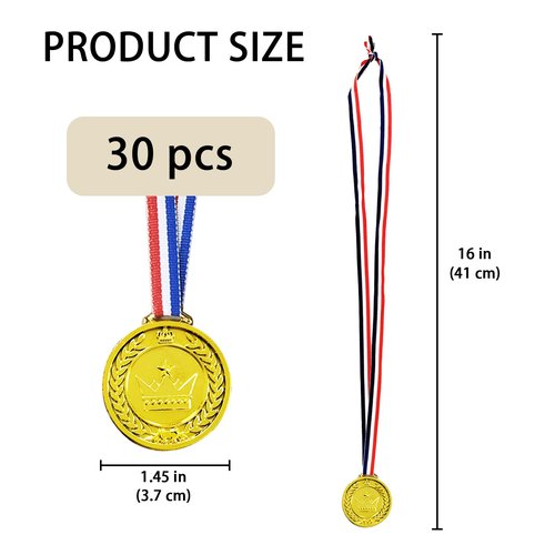 30 Pcs Gold Winner Medals Bulk for Kids, Trophy Team Prize Gifts, Children's Plastic Golden Awards Medals with Neck Ribbon for Sports, Games Competitions, Party Favors and Decorations