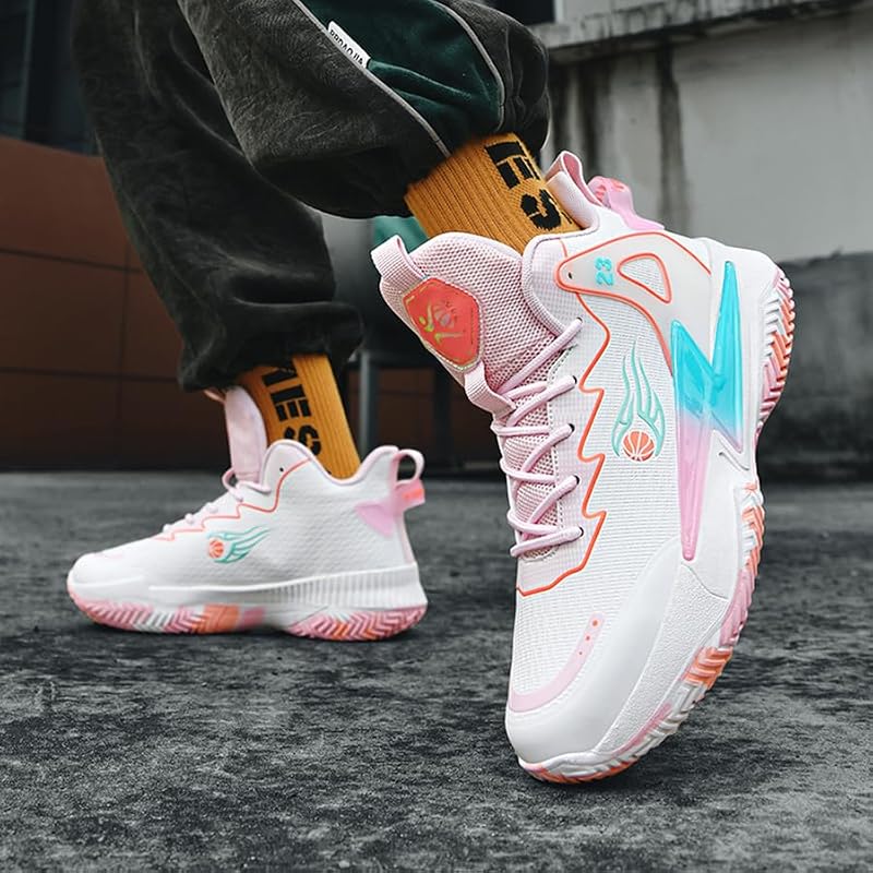 Kiusmety High Top Basketball Shoes for Women & Men, Breathable Non-Slip Outdoor Sneakers - Pink+7 Women/6 Men