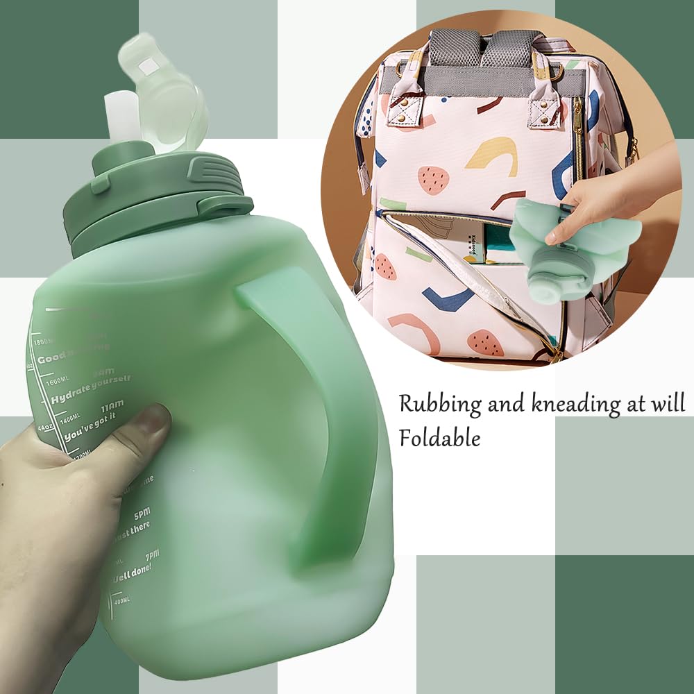 LELExilan 64oz Foldable Silicone Water Bottle with Straw, BPA-Free Motivational Time Marker, Leakproof Collapsible Water Jug with Handle for Gym, Sports, Camping & Outdoor Activities (Green)