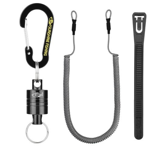 SF Strongest Magnetic Release Holder Keychain Fly Fishing Net Retractor Magnet Clip with Coiled Lanyard Carabiner - Black