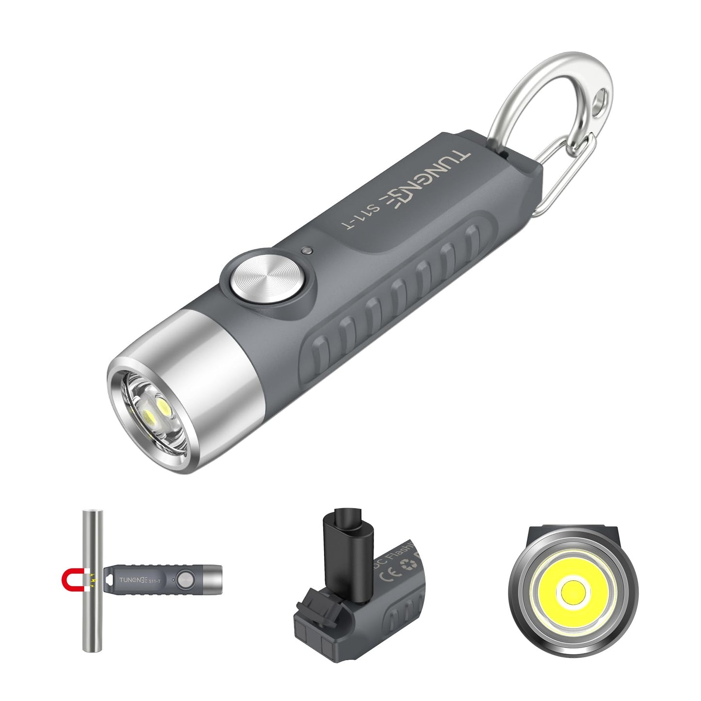 TUNENGE S11-T Rechargeable Keychain Flashlight, 500 High Lumens EDC Mini Flashlight with Magnet, LED Pocket Light Suitable for Outdoor, Camping, Hiking-Grey