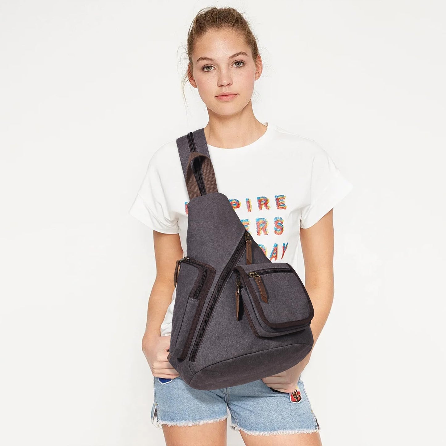 KL928 Canvas Sling Bag - Casual Crossbody Shoulder Daypack Rucksack Backpack for Men Women, Dark Grey