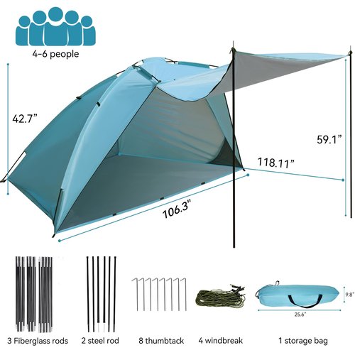 Beach Tent Sun Shelter with Canopy, Portable Sun Shade for 4-6 Person,Easy Setup Beach Shade with UPF 50+ UV Protection, Beach Cabana with Silver Coating for Family Outdoor