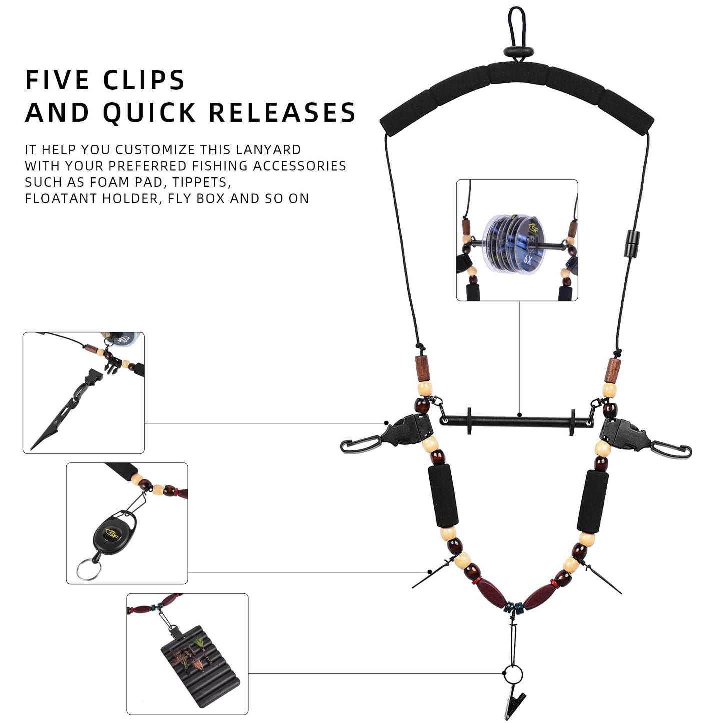 SF Fly Fishing Lanyard Around Neck Unloaded Necklace Black Adjustable Tool Holder with Foam Neck Strap Horizontal Tippet Bar Quick Release for Fishing Accessories(Only Lanyard)