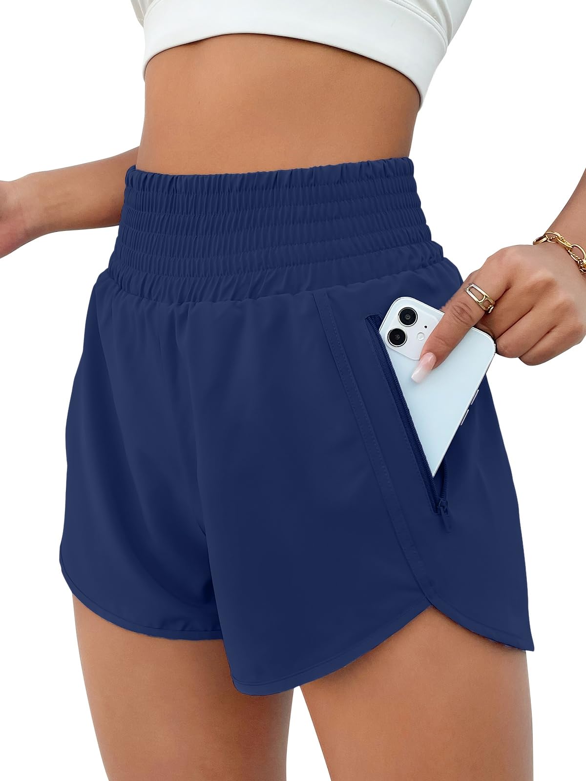 BMJL Women's Athletic Shorts High Waisted Running Short Pocket 2.5" Sporty Shorts Gym Elastic Workout Shorts(XL,Deep Blue)