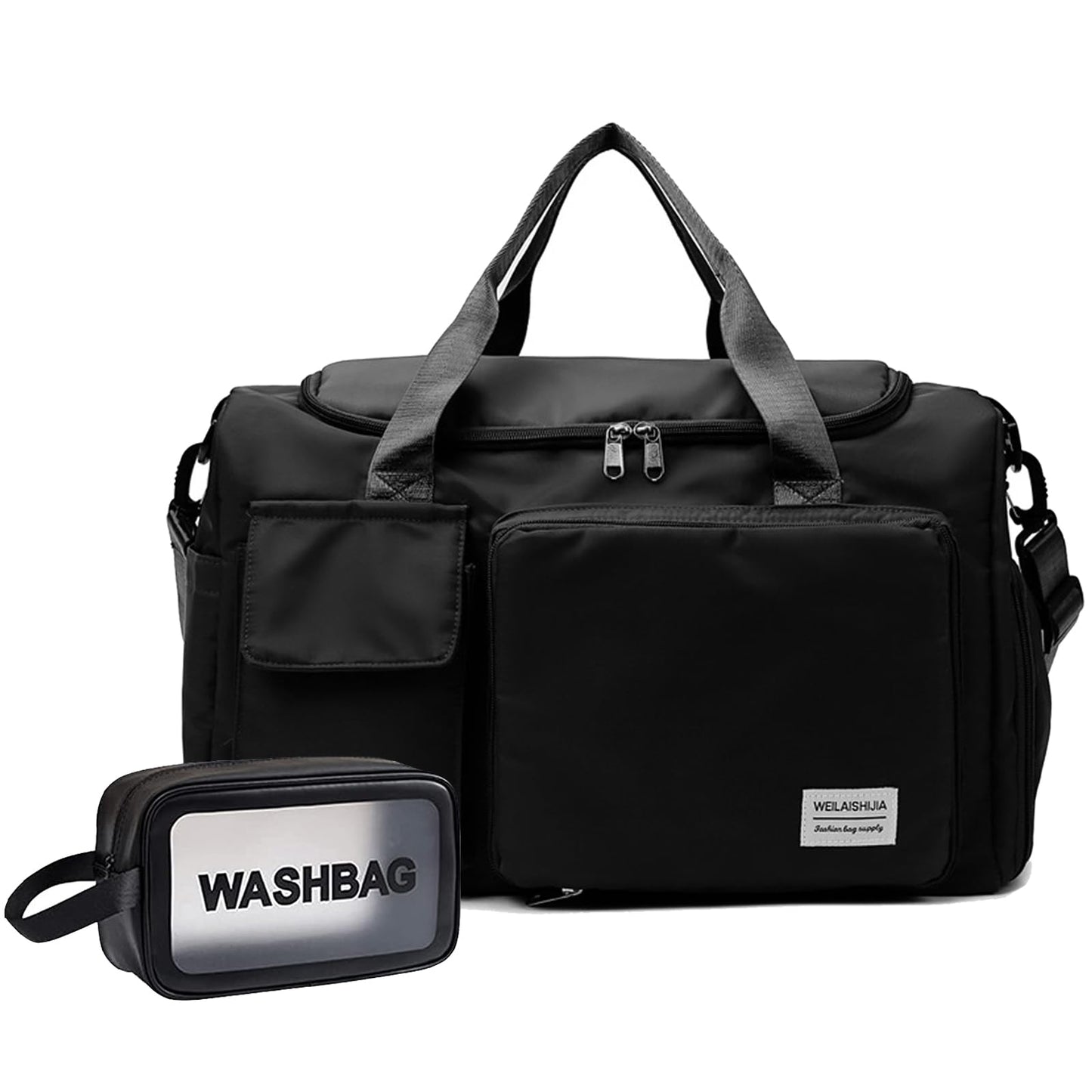 Gym Bag for Women, Dance Bag, Overnight bag, Foldable Travel Duffel Bag, Gym Bag with Wet Pocket & Shoes Compartment, Hospital Bag, Small Luggage Bag for Women and Man (Black+Toiletry Bag)