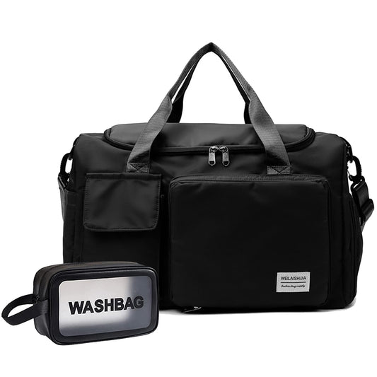 Gym Bag for Women, Dance Bag, Overnight bag, Foldable Travel Duffel Bag, Gym Bag with Wet Pocket & Shoes Compartment, Hospital Bag, Small Luggage Bag for Women and Man (Black+Toiletry Bag)