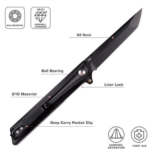 REMETTE Pocket Knife GD22K, Flipper Open 3.6" D2 Steel Tanto Folding knife with Durable G10 Handle,Men Women Everyday Carry EDC Knife,Sharp Camping Hiking Daily Work Knives