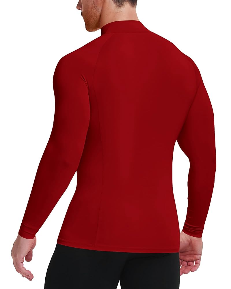 Nakuvara Men's Compression Mock Neck Base Layer Shirt, UPF 50+ Long Sleeve, Red Large