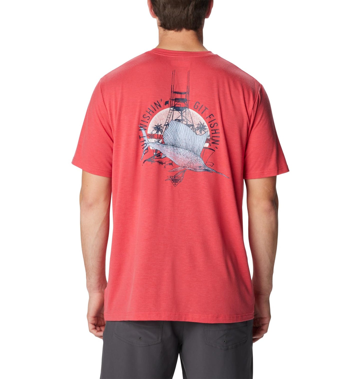 Columbia Men's PFG Sail Tower Tech Tee Short Sleeve, Sunset Red/PFG Sail Tower Graphic, Large