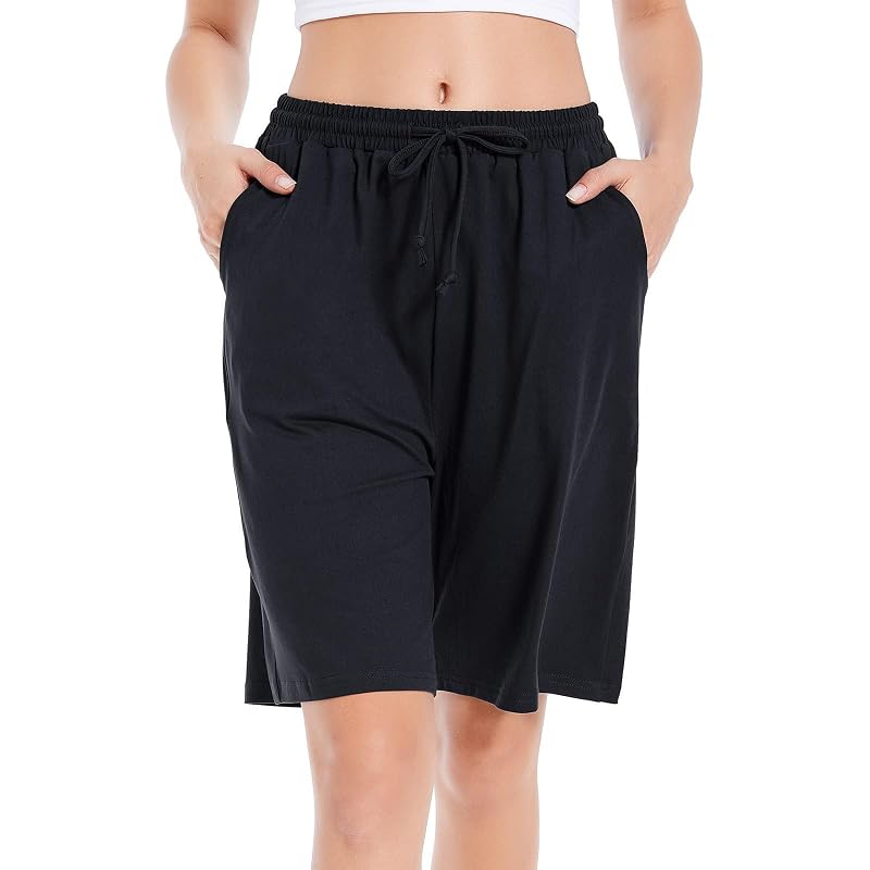 CULAYII Women’s Bermuda Shorts - Long Athletic Yoga Shorts with Pockets, Black, Medium