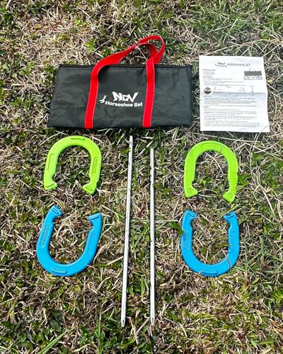 Professional Horseshoe Game Set with Steel Shoes & Stakes - Green & Blue Variation