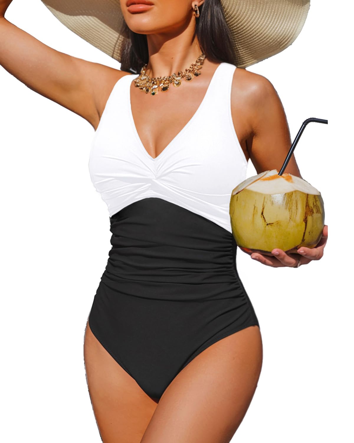 Holipick Black and White Women Tummy Control One Piece Swimsuit - Push Up Bathing Suit Full Coverage Slimming Swimwear XL
