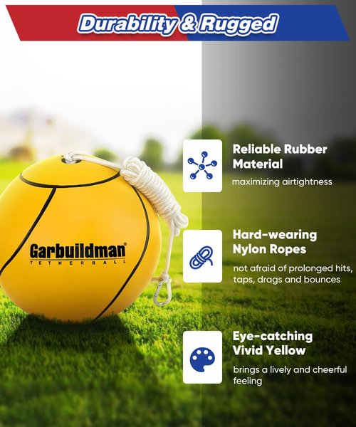 Garbuildman 8" Regulation Sized Tetherball, Rubber Tether Balls and Rope Set for Outdoor Backyard Game, Portable Replacement Tether Ball with Carabiner, Ball Pump for Kids Adults & Dogs