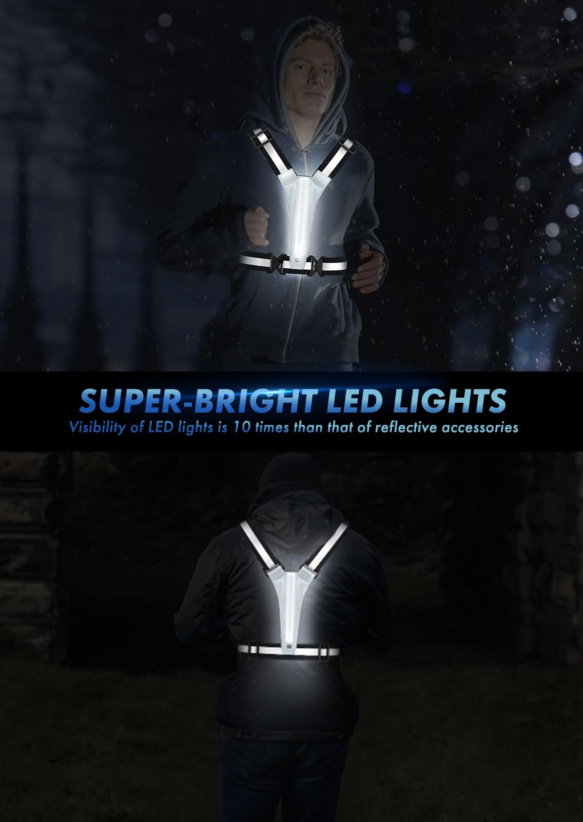 Fokia Kunbio LED Reflective Running Vest Gear,Light Up Vest Runners Night Walking USB Rechargeable,Up to 11hrs Light with Adjustable Waist/Shoulder for Women Men Kids (Black)