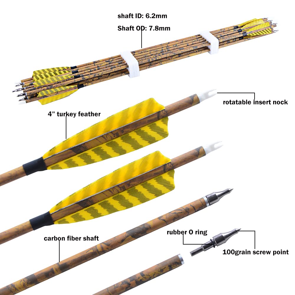 ZSHJGJR 30” Archery Carbon Arrows Hunting Arrows with 4” Turkey Feather Removable Tips Targeting Practice Arrows 500 Spine for Compound & Recurve & Traditional Bow 6/12pcs (12)