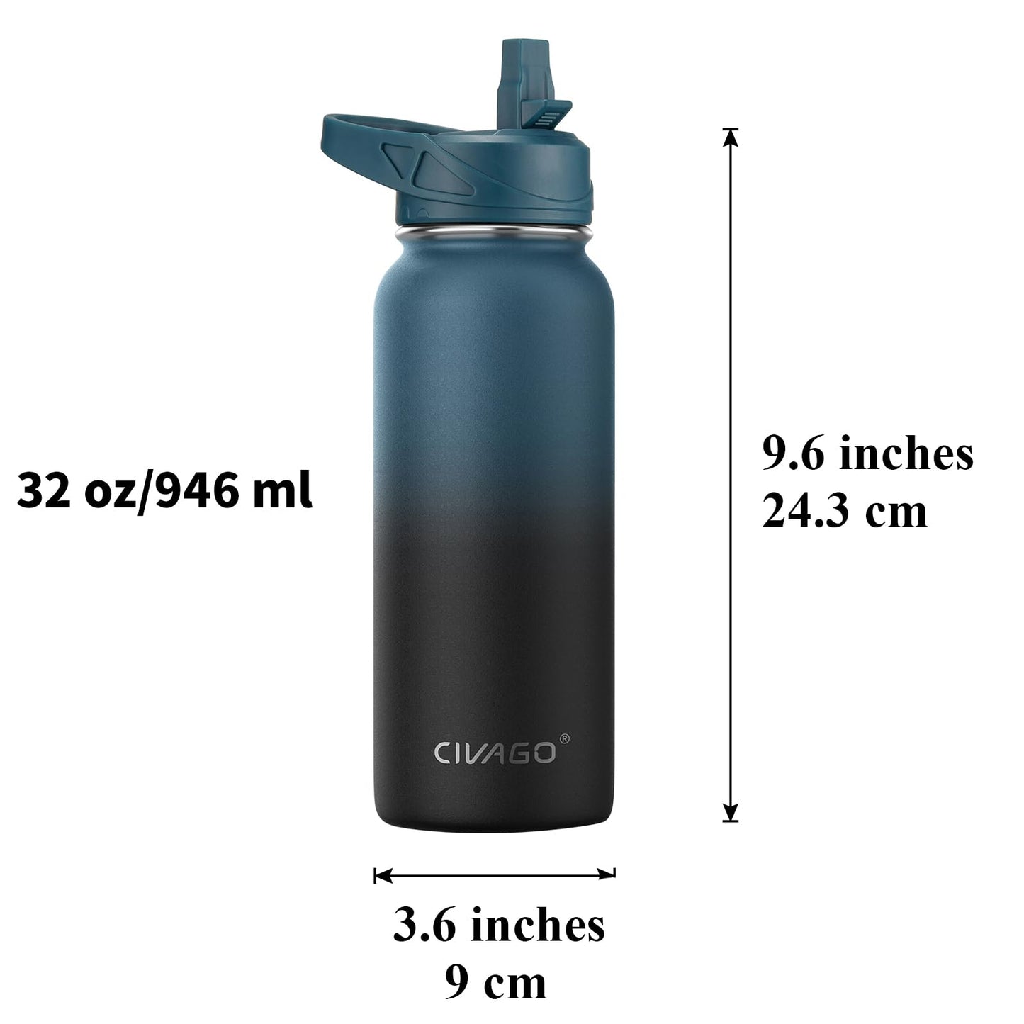 CIVAGO 32 oz Insulated Water Bottle With Straw, Stainless Steel Sports Water Flask Cup with 3 Lids (Straw, Portable Spout and Handle Lid), Double Walled Travel Thermal Canteen Mug, Cream