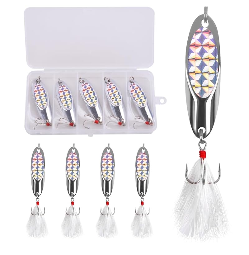 5 Pcs Fishing Spoon Lures Kit - 3/4 oz Reflective Treble Hook Spoons for Saltwater & Freshwater