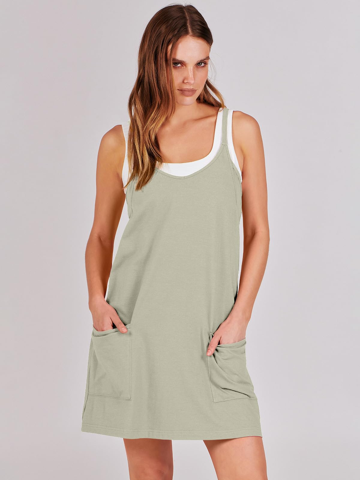 ANRABESS Women Athletic Dress Summer Tennis Workout Active Sports Mini Romper Dress Built in Shorts Travel Vacation Clothes Light Grey Medium