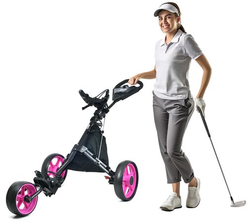 JUST AMAZING DEALS Golf Push Cart 3 Wheel - JAD Pro Golf Ladies Pushcart for Women Golfers, Super Lightweight Deluxe Easy to Fold Collapsible Golf Pull Cart (Pink)