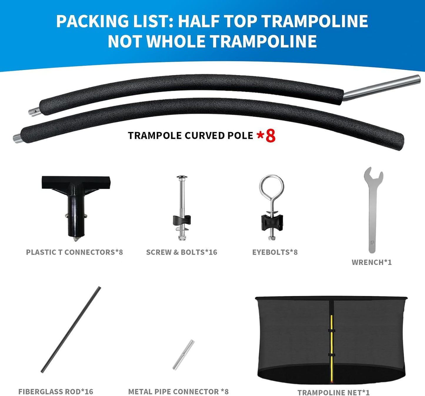 12Ft 8 Trampoline Curved Poles Replacement with Enclosure Net, Trampoline Curved Pole, Plastic T Connector, Fiberglass Rods, Mounting Hardware, Foam Covers