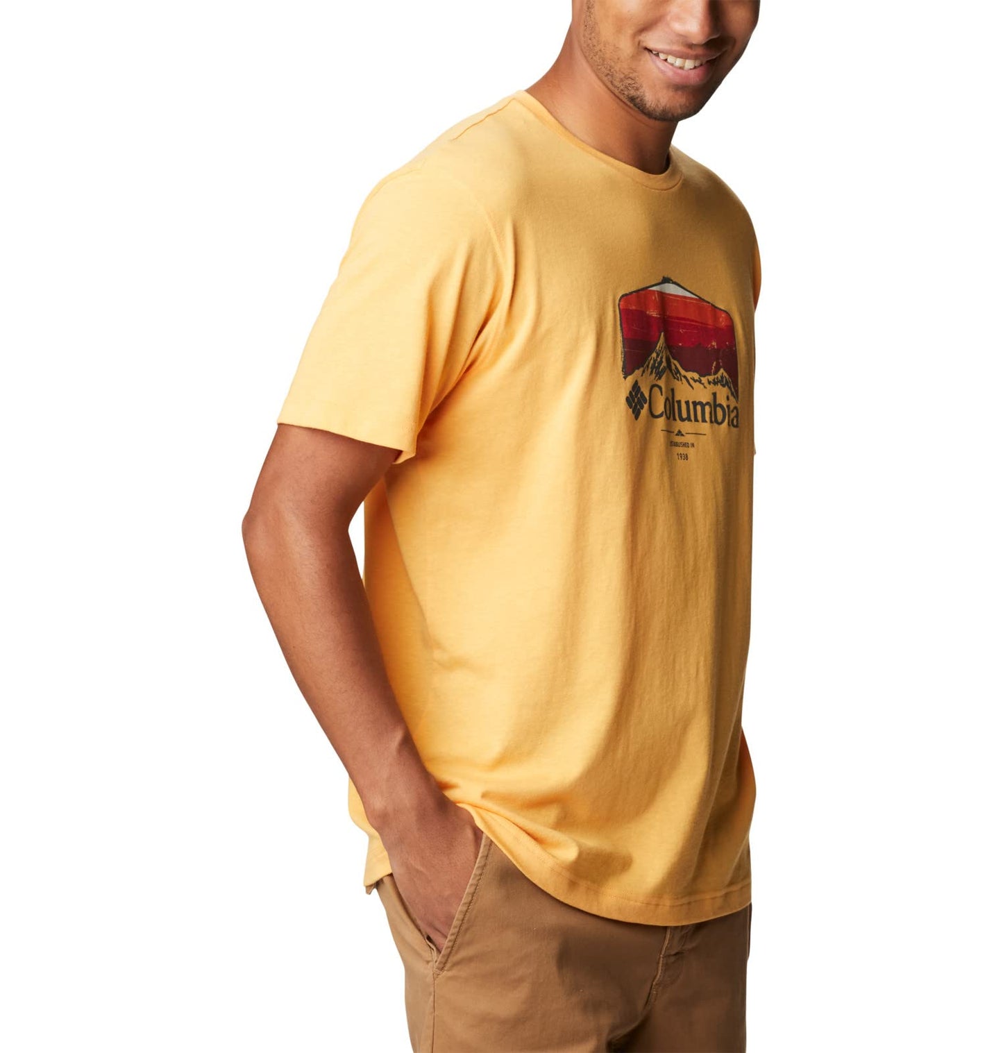 Columbia Men's Thistletown Hills Graphic Short Sleeve, Mango Heather/Hikers Graphic, 3X Big